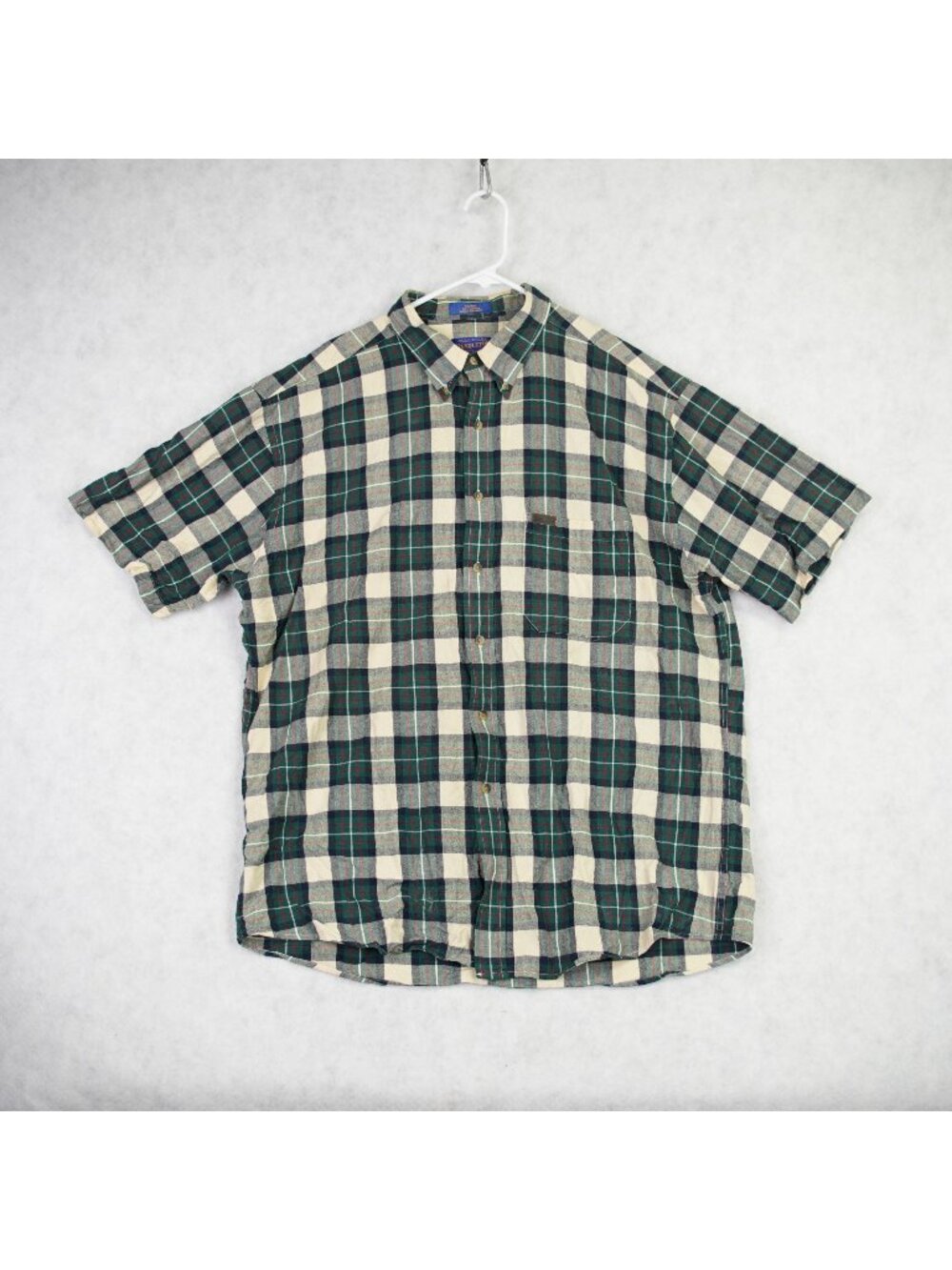 Pendleton Mens Short Sleeve Button-Down Shirt Green Beige Plaid Size XL Outdoor
